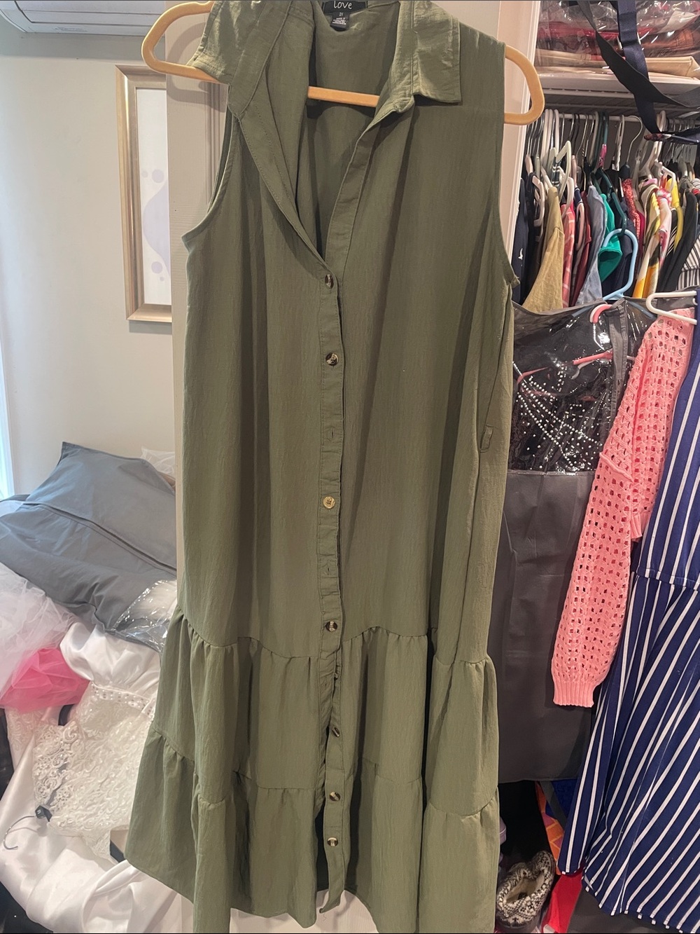 Love Olive Green Sleeveless Tiered Button-Down Maxi Dress